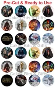 24x STAR WARS MOVIES Mix Edible Wafer Cupcake Toppers PRE-CUT Ready to USE