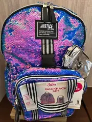 Justice Girls' Sequined 4-Piece Backpack Set with Lunch Bag, Silver & Multicolor