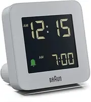Braun Digital Alarm Clock with Snooze, Negative LCD Display, Quick Set, Crescendo Beep Alarm in Grey, Model BC09G.
