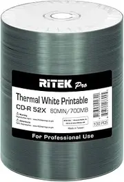 100 Pack Ritek Pro (Professional Grade) CD-R 52X 700MB White Thermal Hub Printable Blank Media Recordable Disc