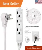 Heavy-Duty Waterproof Extension Cord 20 Ft - Ultra-Flexible 3-Outlet Power Strip