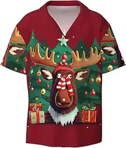 [HVTTIOR] Funny Christmas Moose Print Short Sleeve Shirt Cuban Collar Beach Casual Style Summer Vacation Relaxed Fit