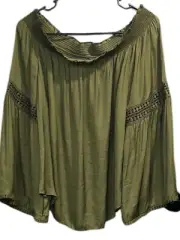 NWT Womens WHBM Off Shoulder Brigitte Lace Trim Top Size XLP Olive Boho Peasant