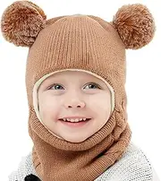 [FANGXIN] Bear Ear Baby Girls Boys Winter Hat Toddler Knitted Hood Scarf Beanies with Fleece Lining