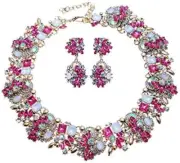 Vintage Crystal Rhinestone Statement Choker Bib Statement Necklace Earring Fashi