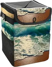 Car Trash Can with Lid and Storage Pockets Leak-Proof Organizer,Waterproof Garbage Can,Beach Wave and Sand Sea