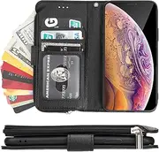 Cavor for iPhone X/iPhone Xs Case,PU Leather Zip Pocket Wallet Flip Cover Case Magnetic Closure Book Design with Kickstand Feature & Card Slots Compartment for iPhone X/iPhone Xs(5.8")-Black