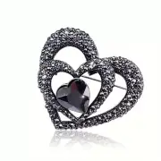 Silver-tone Black Rhinestone Heart shaped brooch