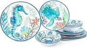 LEHAHA 12-Piece Melamine Beach Dinnerware Set, Coastal Plates and Bowls Sets, Oceanic Sea Life Dish Sets for 4, Great for Indoor Outdoor Dining on the Beach, RV, Camping or Cabin