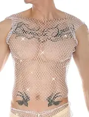 [AIEOE] Men's Rhinestone Mesh Top Transparent Rhinestone Vest Sexy Shiny Tank Vest Summer Mesh Vest S-L, White, M