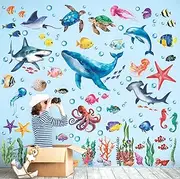 DECOWALL DS12-8078 Sea Animals Wall Stickers kids room décor baby room nursery wall decals ocean fish animal shark whale peel and stick removable colorful whale boys girls playroom seaweed under water