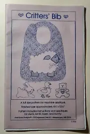 Vintage 1988 Critters' Bib full size pattern for machine applique