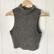 DOTTI Grey Ribbed Knit High Roll Neck Crop Top SIZE S NEW BNWT