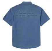 SS21 SUPREME THE WORLD IS YOURS EMBOSSED DENIM S/S SS SHIRT BLUE SZ XL (Bin #4)