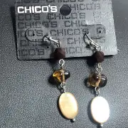 3129 Chico's shell & Bead Silvertone dangle drop earrings Neutrals brown beige
