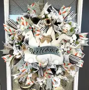 Welcome Bunny Farmhouse Easter Spring Carrot Deco Mesh Front Door Wreath Decor