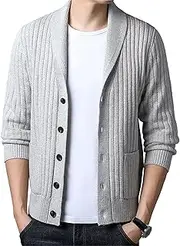 [Generic] Mens Shawl Neck Button Up Cardigan Sweater Male Shawl Collar Knit Cardigan Cable Button Knitted Sweater for Men