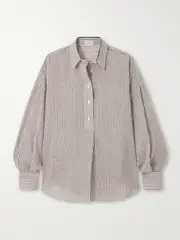 [Brunello Cucinelli] Brunello Cucinelli - Bead-embellished Striped Linen And Silk-blend Shirt - Light brown - x small x small Brown