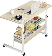 CATZONS Mobile Laptop Desk with Storage Shelves, Height Adjustable Rolling Table (Beige, Large)