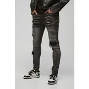 Mens Mid Grey Skinny Stretch Rip & Repair Self Fabric Jeans