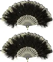 SKHAOVS 2 Pack Women's Fan Feather, 1920s Vintage Style Retro Hand Fan Ladies, 1920s Vintage Foldable Handheld Hand Fan, Gatsby Costume, for Wedding, Halloween, Party, Costume Decoration