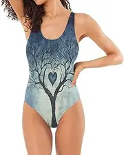 [Joisal] Heart Tree Stars Blue Slimming Swimsuits Backless Bathing Suits for Women One Piece, Heart Tree Stars Blue, XX-Large