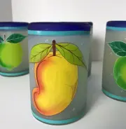 Mexican Hand Blown Blue Rim Set Of 6 Glasses Frosted & Hand Painted Mixed Fruit