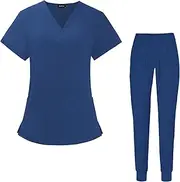 Ｓｉｍｈｏａ Nurse Work Uniforms Workwear Women's Scrub Set Machine Wash Soft Fabric Durable V Neck Scrub Top and Pants for Beauty Center