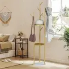 Metal Coat Rack Stand w 3 Tiers Shelves 9 Hooks Hall Tree Marble Base Gold Frame