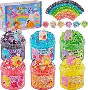 Okaybee 6 Pack Bingsu Crunchy Slime Kit, Rainbow Slime for Kids, with Cute Slime Charms & Add-ins, Slime Party Favors Sensory Toys, Holiday Birthday Easter Hallowmas Christmas Girls Gift & Boys Gift