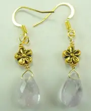 Lilac Amethyst Teardrop Earring with Gold Color Flowers Handmade Jewelry