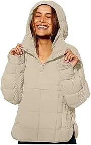 [VESNIBA] Women's Quilted Pullover Puffer Jacket Oversized Long Sleeve Hooded Coats Winter Warm Lightweight (Beige-c, M)