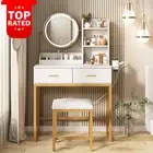 Makeup Vanity Dressing Table Round Mirror Lights White Small Desk Bedroom