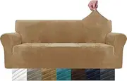 MAXIJIN Thick Velvet Sofa Covers 3 Seater Super Stretch Non Slip Couch Cover for Dogs Cat Pet Friendly 1-Piece Elastic Furniture Protector Plush Sofa Slipcovers (3 Seater, Camel)
