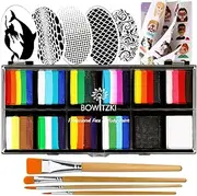 Bowitzki Professional Face Painting Kit For Kids Adults 12x10 gm Face paint Set with Stencil One Stroke Split Cake Non Toxic Rainbow Flora Dolphin Unicorn Flame Body Paint Makeup