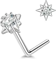 [Salloog] 18G Star Lshape Nose Stud - 925 Sterling Silver 0.1CT Eightpointed Moissanite Nose rings Hypoallergenic Nose Piercing Jewelry Gifts for Women Men, Normal, Sterling Silver, no gemstone