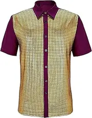 [VgueElegc] Men's Disco Shirt Sequins Short Sleeve Button Down Shirts for Disco Sequin Shirt Short Sleeve for Men