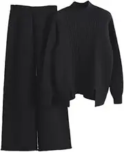 [Generic] Women Cashmere Sweater Tracksuits Wide Leg Pant Suits Thick Warm Pullover Sweater And Elastic Waist Pants Suits