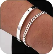 [P. BLAKE] P.BLAKE 2 Pcs Stack Bracelets for Men Women, 925 Sterling Silver Bangle Cuff Link Cuban/Rope/Snake Chain Bracelet Set Jewelry Gifts