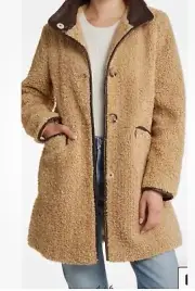 Sam Edelman Faux Fur w/ Faux Leather Accents Long Camel Teddy Coat NWT, Size S