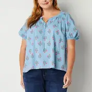 St. John's Bay Blue Floral Stamp Short Sleeve Peasant Blouse NWT 2X