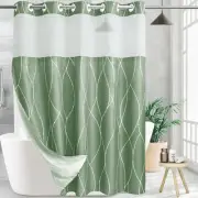KONZENT Sage Green White Striped Fabric Shower Curtain with Snap in Liner for...