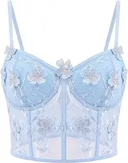 Testudineus Women Cute Flower Embroidery Corset Top Sheer Mesh Sexy Crop Top Party Rave Slim Sleeveless Tank Top