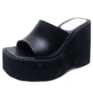 【JP Queen New York】純色黑白魚口超高厚底楔型拖鞋(2色可選)