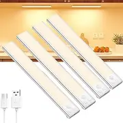 Under Cabinet Lighting, JOZUTTOW 4-Pack Motion Sensor Closet Lights, Wireless USB Rechargeable Led Light Bars, Sensor Night Lights for Drawers, Wardrobe, Cupboard, Stairs, Hallway, Kitchen (30CM)