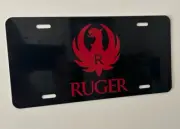 Gloss black aluminum license plate tag red Ruger logo gun firearm