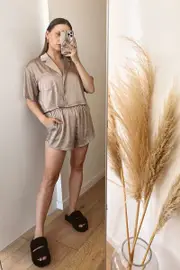 Brown Satin Pajamas Set Short Sleeve Crop - Size M, Women's Pj Set