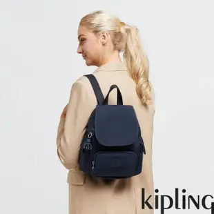 【KIPLING】都市沉穩藍拉鍊掀蓋後背包-CITY PACK MINI