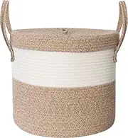 15”x13” Large Storage Basket with Lid, Blanket Basket Living Room, Woven Cotton Rope Baskets for Storage, Kids Toy Storage Bin, Tall Wicker Laundry Basket, Blankets Pillows Organizer Holder