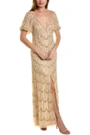 Aidan Mattox V-Neck Short Puff Sleeves Back Zipper Front Slit Long Beaded Gown